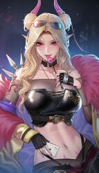 1girls bangs belt_collar big_breasts black_pants blonde_female blonde_hair breasts bustier candy card cellphone chains cleavage coat collar collarbone crop_top demon_girl eyelashes eyeliner eyeshadow eyewear_on_head female female_only fingerless_gloves food forehead fur_trim gloves highleg highleg_panties highres horn horns jewelry large_breasts leaning_against_motorcycle leather linea_alba lipstick lollipop long_hair long_sleeves looking_at_viewer makeup mole mole_under_eye nail_polish navel navel_piercing necklace original panties pants panty_straps parted_bangs parted_hair phone piercing pointy_ears pubic_tattoo red_eyes shiny shiny_clothes smartphone solo spikes strapless succubus succubus_tattoo sunglasses tattoo tongue tongue_out tsuki_no_i-min tsurime tube_top underwear