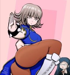 ass breasts chun-li_(cosplay) cosplay danganronpa danganronpa_2:_goodbye_despair danganronpa_v3 micamote nanami_chiaki nosebleed shirogane_tsumugi straight_hair street_fighter super_danganronpa_2 thick_ass thick_thighs thighs