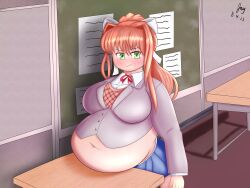 1girls bbw belly big_belly big_breasts breasts chubby doki_doki_literature_club fat female female_only green_eyes huge_belly jayofthedamned light-skinned_female light_skin monika_(doki_doki_literature_club) overweight school school_desk solo solo_female