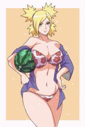 1female 1girls 1woman bare_shoulders big_breasts bikini blonde_female blonde_hair_female boruto:_naruto_next_generations breasts busty cleavage female female_only floral_bikini floral_pattern floral_print food fruit holding_food holding_fruit holding_object indrockz indy_riquez large_breasts legs_together long_hair mature mature_female mature_woman midriff milf naruto naruto_(series) naruto_shippuden off_shoulder open_shirt quad_tails shirt solo solo_focus swimsuit temari tied_hair voluptuous watermelon wet_skin