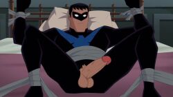 1boy balls batman_(series) dc dc_comics dick_grayson edit edited editfag erection genitals male male_only nightwing penis retracted_foreskin screencap screenshot screenshot_edit serious solo spread_legs tied tied_hands torn_clothes uncensored uncut unknown_artist yaoi