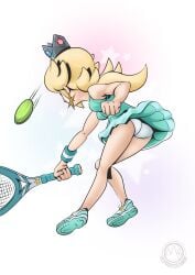 1girls ass blonde_female blonde_hair blue_dress crown earrings mario_(series) mario_tennis mysticalpha nintendo princess_rosalina tennis tennis_ball tennis_racket tennis_shoes tennis_uniform underwear upskirt