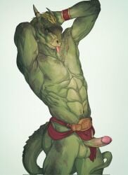 2022 abs anthro argonian balls bethesda_softworks biped blep bracelet digital_media_(artwork) erection feathers genitals green_body green_feathers green_scales hi_res horn humanoid_genitalia humanoid_penis jewelry lizard loincloth loincloth_aside looking_at_viewer male male_only mikaemikae muscular muscular_anthro muscular_male navel non-mammal_navel pecs penis scales scalie scar simple_background smile smiling_at_viewer solo tail the_elder_scrolls tongue tongue_out video_games white_background