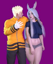 1boy 3d blonde_female blonde_hair breasts dragon_wuu huge_ass huge_breasts male/female naruto naruto_(series) otsutsuki_kaguya shorts thick_thighs uzumaki_naruto white_hair