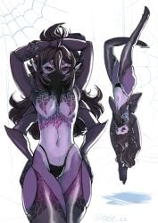 1girls 4_arms anthro arachnid arms_on_head black_hair fangs female female_focus female_only flat_chest gee_zz hands_on_hips long_hair looking_at_viewer mask multi_eye no_breasts no_nipples pointy_ears raya_(cheese) solo solo_female spider thick_thighs thong true_flat_chest upside-down very_high_resolution