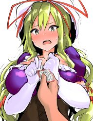 1boy 1girls akure_ekuto big_breasts blush condom inviting_to_sex offscreen_character open_mouth sweat tagme touhou yukari_yakumo