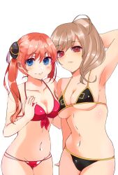 2girls aged_up bikini black_bikini blue_eyes blush brown_hair bun_cover canon_genderswap cleavage embarrassed female female_only genderswap_(mtf) gintama hair_ornament kagura_(gintama) light_brown_hair long_hair looking_at_viewer medium_breasts multiple_girls okita_sougo okita_souko orange_hair ponytail red_bikini red_eyes rule_63 swimsuit twintails underboob yorozuygintamam