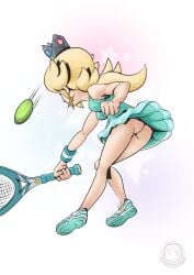 1girls ass blonde_female blonde_hair blue_dress bottomless commission crown earrings mario_(series) mario_tennis mysticalpha nintendo princess_rosalina tennis tennis_ball tennis_racket tennis_shoes tennis_uniform upskirt