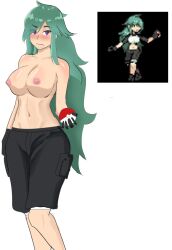 ace_trainer_(pokemon) ace_trainer_(pokemon_clover) belly_button big_breasts blush collarbone defined_muscles edit edited female female_focus female_only fit fit_female gloves green_hair large_breasts long_green_hair long_hair nipples npc_trainer pants pokéball pokeball pokemon pokemon_clover posing purple_hair short_pants shy sprite topless topless_female