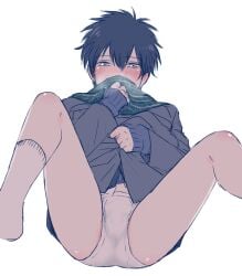 aged_down black_hair blush breath bulge coat gintama hijikata_toshiro looking_at_viewer male male_only mame_(pixiv) pale-skinned_male pale_skin scarf solo spread_legs twink underwear