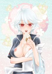 canon_genderswap cleavage female female_only genderswap_(mtf) ginko_sakata gintama gintoki_sakata hadanugi_dousa ice_cream ice_cream_on_breasts kimono looking_at_viewer nipple_slip no_bra off_shoulder open_shirt popped_collar red_eyes rule_63 short_hair silver_hair solo