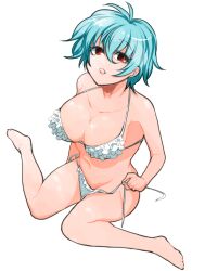 barefoot big_breasts bikini blue_hair canon_genderswap cleavage female female_only frilled_bikini genderswap_(mtf) ginko_sakata gintama gintoki_sakata high-angle_view ichirentakusho light_blue_hair looking_at_viewer red_eyes rule_63 short_hair sitting solo swimsuit untied_bikini wariza white_bikini