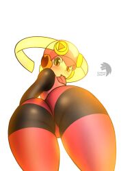 1girls ass ass_focus back_view bent_over blush bodysuit helmet hi_res insane_okamy mega_man mega_man_battle_network pink_clothing presenting_hindquarters rockman rockman_exe roll.exe thighhighs