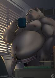 2022 anthro belly bhm big_belly bulge canid canine closed_eyes clothing detailed_background eyewear glasses hi_res humanoid_hands inside kemono korokke male mammal mug nipples overweight overweight_male solo underwear