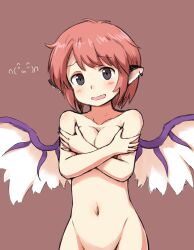 animal_ears bird_ears bird_wings blush breasts brown_background cleavage collarbone earrings female grey_eyes groin jewelry large_breasts mystia_lorelei nail_polish navel open_mouth phantom2071 pink_hair purple_nails short_hair simple_background single_earring solo touhou upper_body white_wings wings