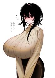 1girls big_breasts black_hair blush blushing breasts curves curvy curvy_body curvy_female dark_hair embarrassed female female_only heavy_blush huge_breasts japanese_text kurokuroooi large_breasts shy sweater tagme text tight_clothing translation_request turtleneck turtleneck_sweater white_background