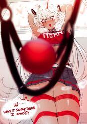 abs athletic_female ball_gag bondage breasts character_request collar crop_top ehrrr english_text female fit_female fox_ears fox_girl gag gag_bondage holding_gag holding_rope large_breasts legs_tied long_twintails navel open_mouth original rope rope_bondage skirt text twintails white_hair yellow_eyes