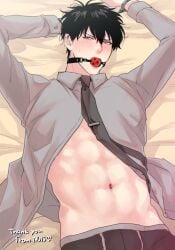 abs angry arms_up ball_gag black_hair blush embarrassed gag gag_bondage gagged gay gintama handcuffs hijikata_toshiro looking_at_viewer male male_only navel necktie nuis on_back on_bed open_shirt restrained solo sweatdrop toned toned_male underwear