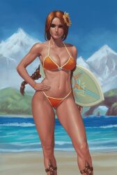 1girls abdomen athletic_female bare_shoulders beach bikini blue_sky braid brown_eyes brown_hair closed_mouth collarbone day female female_only fingernails g21mm halterneck hand_on_hip highres holding holding_surfboard large_breasts league_of_legends leona_(league_of_legends) long_hair looking_at_viewer midriff mountain ocean orange_bikini outdoors pool_party_leona realistic sand signature sky solo solo_female standing string_bikini surfboard swimsuit thick_thighs water