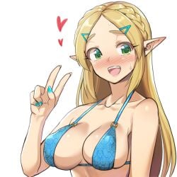 :d bare_shoulders bikini blonde_female blonde_hair blue_bikini blue_nails blush braided_hair breasts breath_of_the_wild cleavage collarbone embarrassed female fingernails forehead green_eyes hair_ornament hairclip heart large_breasts long_fingernails long_hair looking_at_viewer medium_breasts monbetsu_kuniharu nail_polish nervous_smile nintendo nipples_visible_through_clothing nose_blush open_mouth pointy_ears princess_zelda shy smile solo sweatdrop swimsuit teeth the_legend_of_zelda thick_eyebrows upper_body upper_teeth v zelda_(breath_of_the_wild)