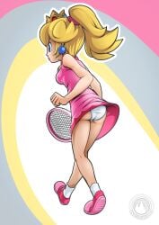 1girls ankle_socks anklehighs ass blonde_female blonde_hair crown earrings mario_(series) mario_tennis mysticalpha nintendo pink_dress ponytail princess_peach sleeveless_shirt socks sports_shoes tennis tennis_racket tennis_shoes tennis_uniform underwear upskirt white_socks