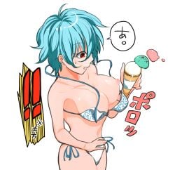 accidental_exposure big_breasts bikini blue_hair canon_genderswap cleavage female female_only food genderswap_(mtf) ginko_sakata gintama gintoki_sakata ice_cream ichirentakusho light_blue_hair red_eyes rule_63 short_hair side-tie_bikini solo sweatdrop swimsuit untied_bikini wardrobe_malfunction white_bikini