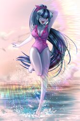 1girls armpits arms_behind_head barefoot beach big_breasts breasts cleavage equestria_girls feet female female_only friendship_is_magic happy hasbro hi_res highres looking_at_viewer makeup my_little_pony nail_polish ocean one-piece_swimsuit one_eye_closed open_mouth ponytail rileyav smiling_at_viewer solo solo_female sonata_dusk swimsuit toenail_polish water wink