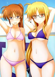 2girls bikini bikini_bottom bikini_top blonde_female fate_testarossa glasses mahou_shoujo_lyrical_nanoha mahou_shoujo_lyrical_nanoha_strikers multiple_girls nanoha_takamachi pullpull15 swimming_pool swimsuit swimwear tagme