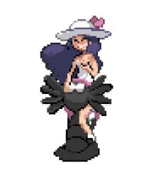 2girls animated anthro cunnilingus gif gothitelle hat holding_own_breast human kneeling lady_(pokemon) lady_(pokemon_dppt) light-skinned_female multiple_girls npc npc_trainer on_knees oral pixel_art pokemon pokemon_dppt pokephilia purple_skin sprite sprite_art sprite_edit yuri