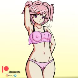 1girls bra doki_doki_literature_club female natsuki_(doki_doki_literature_club) panties pink_bra pink_eyes pink_hair pink_panties pout pouting see-through see-through_bra see-through_clothing solo thefishart