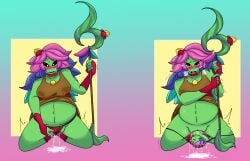 absurd_res artist_reoh birth bodily_fluids elemental_creature elemental_humanoid female flora_fauna floran hi_res humanoid lactating nuru_(starbound) panty_birth plant plant_humanoid pregnant pregnant_female solo starbound video_games