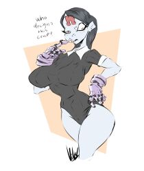 big_breasts big_teeth bracket breasts clothing crash_(series) crash_bandicoot_(series) curvy dialogue dullvivid english_text female goth huge_ass huge_breasts huge_butt leotard nina_cortex small_waist solo tagme text thick_thighs