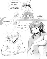 2boys bedroom_brat childe_(genshin_impact) comic comic_page dialogue diluc_(genshin_impact) duo duo_focus gay geep genshin_impact greyscale human male male_focus male_only merfolk mermaid merman monochrome monster monster_boy tartaglia_(genshin_impact) yaoi