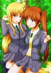 2girls blonde_female fate_testarossa happy mahou_shoujo_lyrical_nanoha mahou_shoujo_lyrical_nanoha_strikers nanoha_takamachi pullpull15 safe school_uniform sfw smiling_at_another yuri