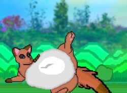 animated anus belly big_belly breathing canid canine digital_media_(artwork) feral fox fur grass ivorden_bar lying male mammal navel on_side orange_body orange_fur outside pawpads pixel_(artwork) plant spread_legs spreading tail_motion tailwag vore vorochi