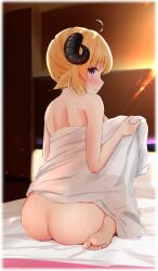 ahoge animal_ears ass bangs barefoot blonde_female blonde_hair blue_eyes blush ex_idol feet female from_behind full_body highres holding holding_towel holoforce hololive hololive_japan horns indoors looking_at_viewer looking_back naked_towel on_bed parted_lips profile purple_eyes sheep_ears sheep_horns short_hair sitting sitting_on_bed sitting_on_knees soles solo sweat towel tsunomaki_watame virtual_youtuber