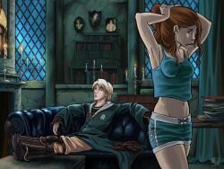 1boy 1girls after_sex armpits arms_up background belly blonde_hair boots brown_eyes brown_hair clefchan clothed clothing detailed_background draco_malfoy duo eyes fanon_couple female footwear fully_clothed gloves_removed green_clothing gryffindor hairpin hairpin_in_mouth harry_potter hermione_granger hogwarts hogwarts_robe hogwarts_student indoors inter-house leaving leaving_partner light-skinned_female light-skinned_male light_skin long_hair looking_at_another male object_in_mouth on_couch open_eyes painting quidditch quidditch_uniform robe school schoolgirl shirt shoes short_hair shorts signature sitting sleeveless slytherin slytherin_dungeon slytherin_symbol small_breasts sofa standing straight student tying_hair uniform walking walking_away witch_(harry_potter) wizard