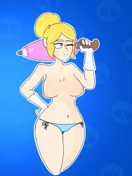 1girls big_breasts blonde_female blonde_hair blue_eyes brawl_stars gloves piper_(brawl_stars) simple_background slipfaz topless umbrella white_gloves wink