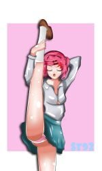 1girls closed_eyes closed_eyes doki_doki_literature_club female leg_lift leg_up lifting_leg natsuki_(doki_doki_literature_club) open_mouth panties perdonsito pink_hair pink_panties school_uniform skirt solo stretching teal_skirt uniform