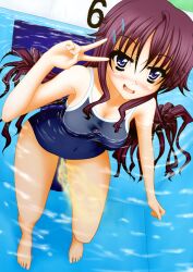 looking_at_viewer one-piece_swimsuit peace_sign peeing peeing_in_swimsuit peeing_in_water peeing_underwater pool pullpull15 purple_hair smiling standing_pee swimming_pool swimsuit swimwear tagme underwater urinating_female wetting wetting_self