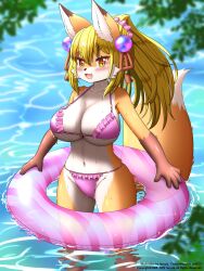 1girls big_breasts bikini blonde_female breasts faroula_twitt female furry inner-tube looking_at_viewer pink_bikini ponytail smile swim_ring