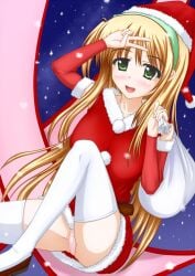 blonde_female christmas christmas_outfit happy on_floor panties pantyshot peace_sign pink_panties pullpull15 sack santa_costume santa_hat sitting smiling v