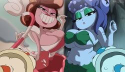 2boys 2girls absurd_res anthro baroness_von_bon_bon big_breasts blue_eyes breasts cala_maria cleavage coolerinker cuphead cuphead_(game) female female_focus females hi_res huge_breasts inker_comics inkershike large_breasts looking_at_viewer mugman pac-man_eyes the_cuphead_show top_heavy wide_hips