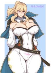 1girls 2021 big_breasts big_thighs blonde_female blonde_hair breasts busty clothed clothing female female_only fully_clothed genshin_impact huge_thighs human jean_gunnhildr light-skinned_female light_skin pinkdiablo pubic_tattoo purple_eyes standing thick_thighs thighs wide_hips