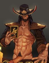 1boy abs beard big_penis boso card clothed gold_(metal) hat league_of_legends lean_muscle long_hair_male male male_only pecs pubic_hair solo solo_male tobias_fate