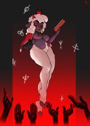 anthro areola azzydrawsstuff bell bell_collar book bovid cape caprine clothing collar cult_of_the_lamb devolver_digital female genitals hi_res holding_object horn lamb_(cult_of_the_lamb) mammal pussy red_crown_(cult_of_the_lamb) solo thick_thighs