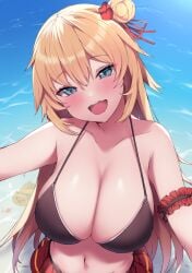 :d akai_haato bangs bare_shoulders beach bikini black_bikini_top blonde blonde_female blonde_hair blue_eyes blush breasts chouchou cleavage collarbone day female hair_between_eyes hair_bun hair_ornament hair_ribbon halterneck haruyuki_(yukichasoba) heart heart_hair_ornament highres hololive hololive_gen_1 hololive_japan large_breasts long_hair looking_at_viewer miniskirt navel ocean open_mouth outstretched_arms single_hair_bun single_side_bun smile solo stomach swimsuit upper_body very_long_hair virtual_youtuber water