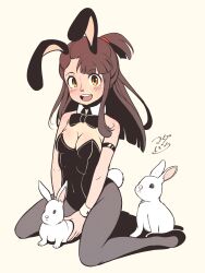 akko_kagari arm_band bangs bare_arms bare_shoulders blush blush blush_lines bow bowtie breasts brown_hair bunny bunny_costume bunny_ears bunny_girl bunny_nose bunny_tail bunnygirl bunnysuit cleavage collar female female_focus female_only hands_between_legs kneeling leggings legwear little_witch_academia long_hair madabauillust magic magical_girl navel navel_line open_mouth open_smile rabbit rabbit_ears rabbit_girl rabbit_humanoid rabbit_tail red_eyes sideboob skin_tight small_breasts smile smiling spandex thighs toned toned_female transformation