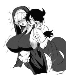 2girls areola areola_slip areolae big_breasts blush blushing breasts demon demon_girl demon_horns devil devil_girl devil_horns female female_only horns huge_breasts kiss kissing kissing_neck kurokuroooi large_breasts moan moaning moaning_in_pleasure monochrome monster_girl mouth_open multiple_girls neck_kiss nipple_bulge nun nun's_habit nun_outfit tagme tail white_background yuri