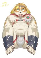 <3_eyes absurd_res anthro begging begging_pose belly blonde_hair blush bodily_fluids bulge cai1448331577 canid canine canis clothing collar collar_tag cum cum_in_mouth cum_inside cum_on_belly cum_on_body cum_on_face domestic_dog genital_fluids hair harness heart hi_res hisaki_(live-a-hero) lifewonders live-a-hero male mammal navel overweight pose simple_background tongue tongue_out underwear video_games white_background